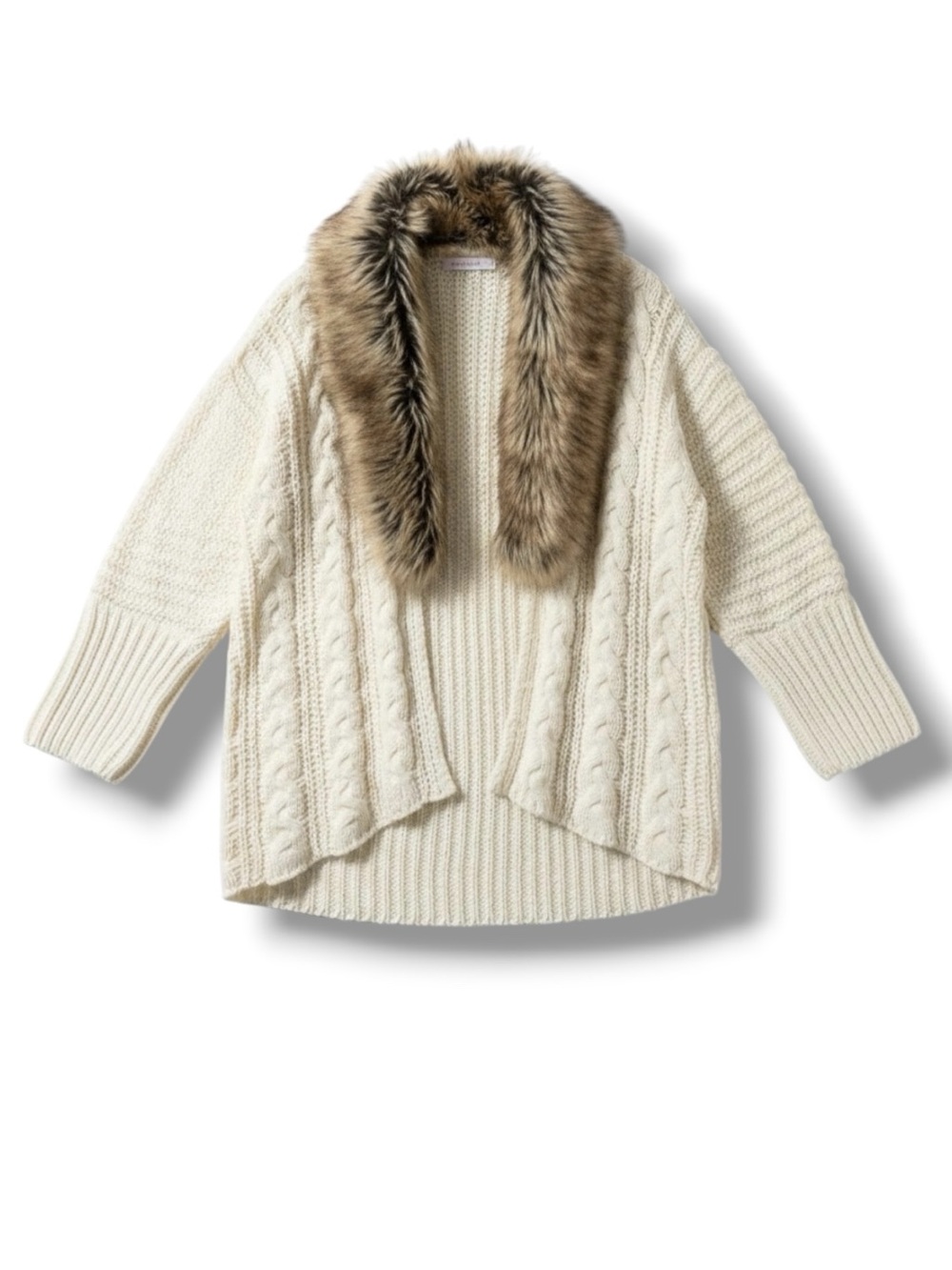SHOE DAZZLE Open Front Cable Knit Cardigan Chunky Detachable Faux Fur Ivory XS